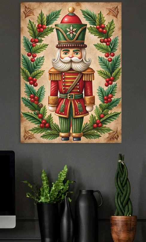 Christmas Nutcracker with Holly Wreath — metal poster wall art by Lineer